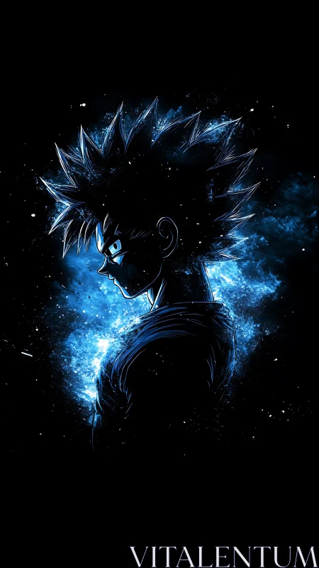 Electric blue anime warrior glows against cosmic darkness