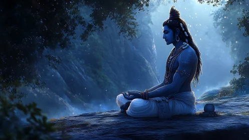 Nocturnal riverbank meditation in blue-toned spiritual stillness.