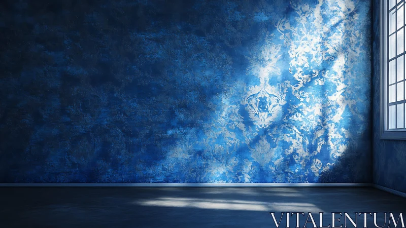 Sunlit blue textured wall in empty room with bright window light.