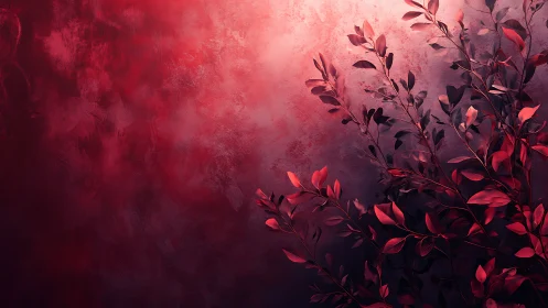Crimson foliage silhouette against textured gradient wall.