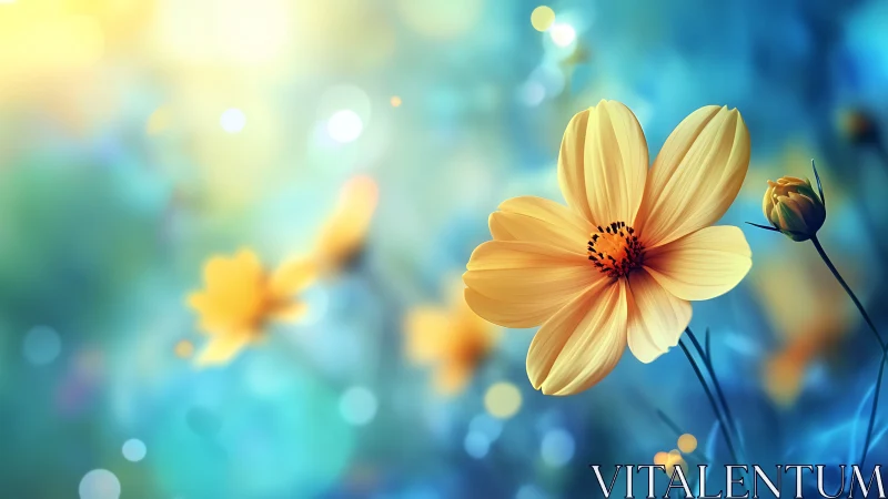 Golden Cosmos Flower with Soft-Focus Bokeh Background and Rendered Depth