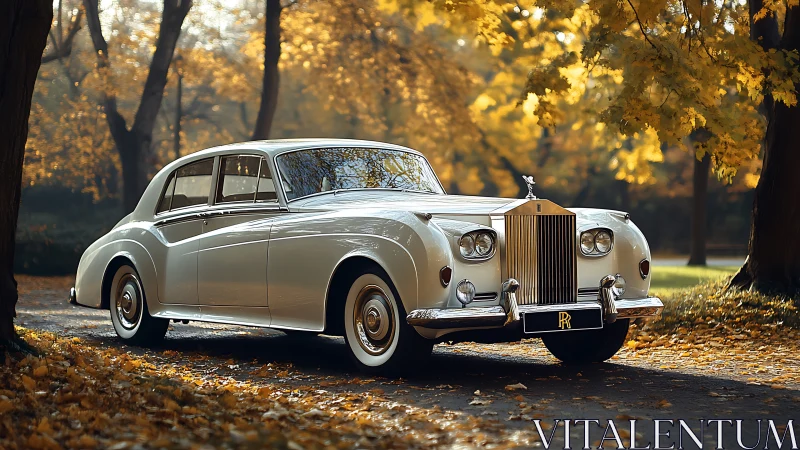 Classic white Rolls-Royce sedan in an autumn park setting.