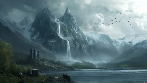 Glacial falls, ruin fortress, and mist-occluded fjord basin.