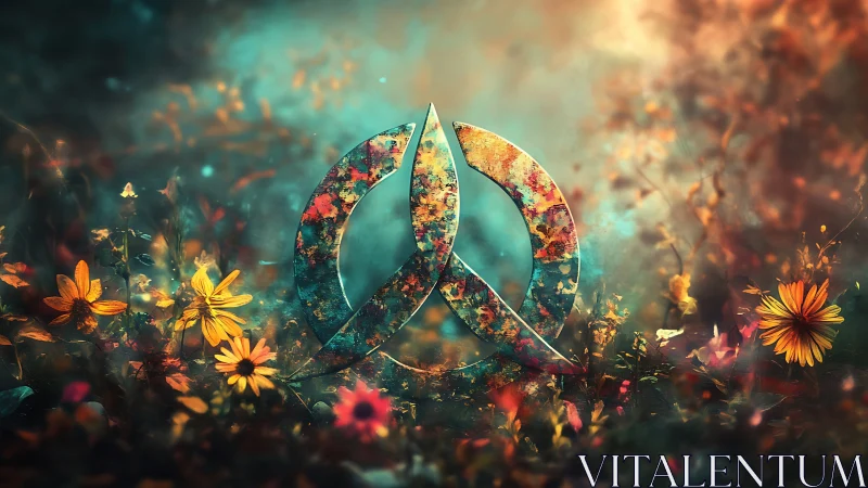 Floral peace emblem glowing in a dream-soaked meadowscape.
