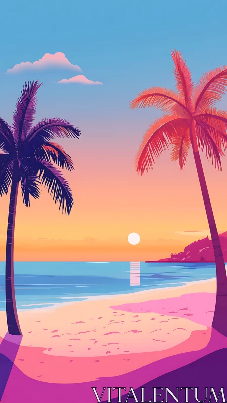 Vibrant tropical beach sunset with palm silhouettes.