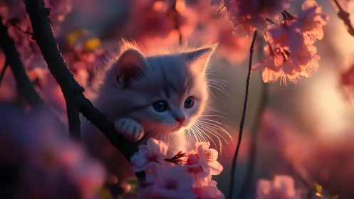 White kitten positioned on branch among flowering blossoms with warm lighting.