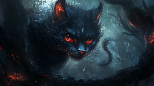 Ember-eyed forest phantom slips between tangled midnight limbs