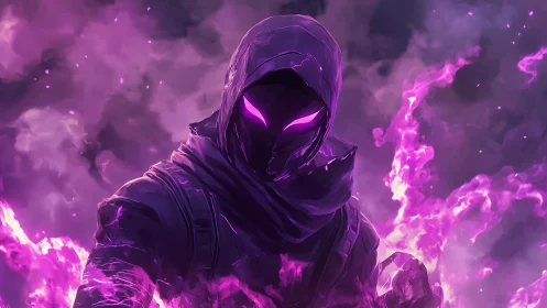 Hooded figure with violet energy and glowing eyes in smoke.