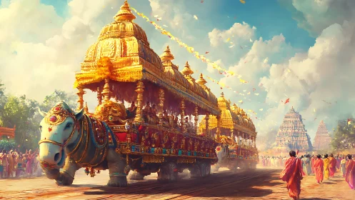 Golden temple chariot procession under vibrant festival sky.