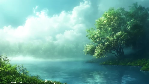 Sunlit mist drifts above tranquil forest lakeshore water.