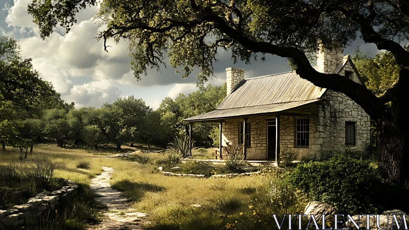 Stone farmhouse sits under sprawling oak in rural meadow