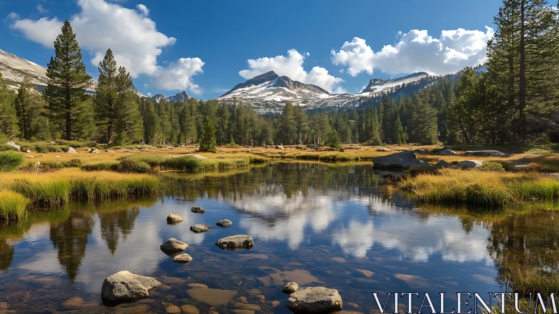 Mountain lake reflects conifers, clouds and distant ridgeline