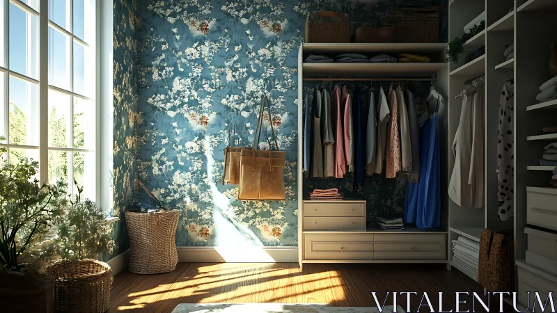 Sunlit walk-in closet with floral wallpaper and storage.
