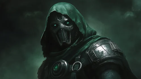 Hooded cybernetic warlord portrait in emerald fog.
