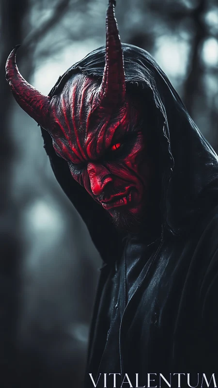 Horned red demon in hooded cloak glares through the fog.