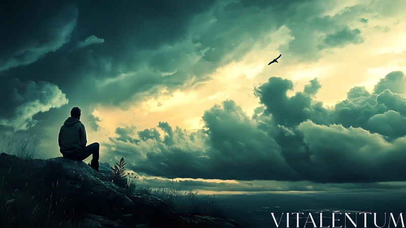 Backlit lone observer on rocky ridge under turbulent cumulonimbus sky