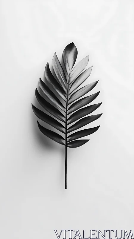 Monochrome palm frond on soft white background, top view