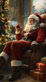 Santa Claus rests in armchair beside lit Christmas tree