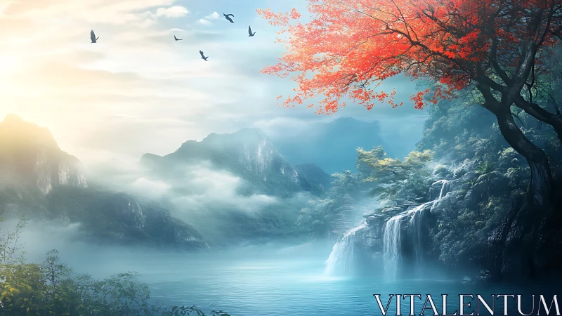 Misty lake landscape with waterfalls and red-leaved tree.