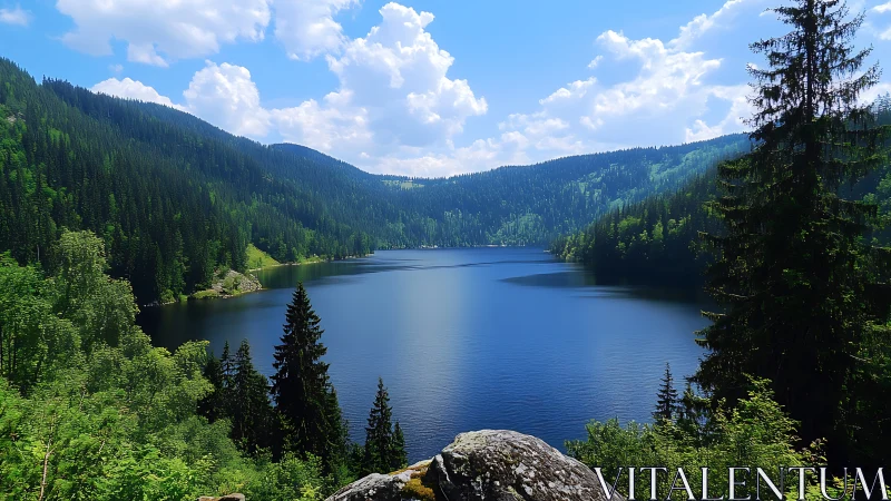 Mountain lake panorama under vibrant midday sky.