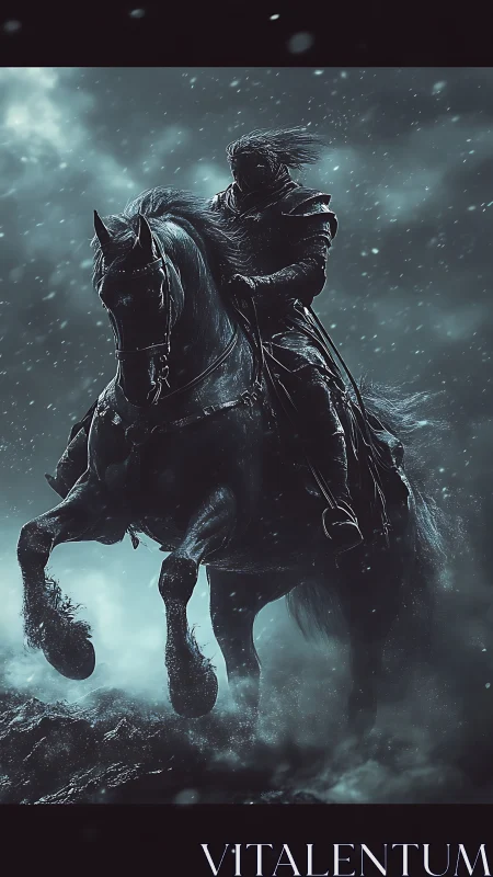 Dark armored rider charges through spectral winter storm.