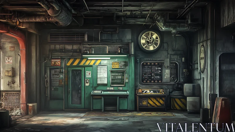 Industrial control room with retro sci fi consoles and pipes.