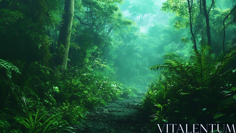 Verdant forest path bathed in ethereal green luminescence.