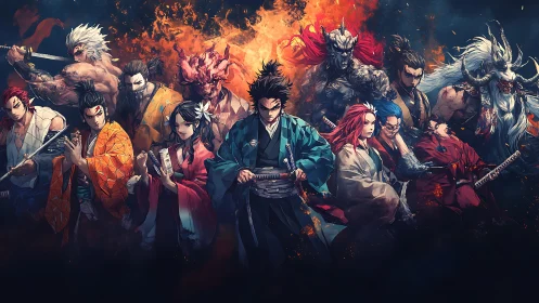 Samurai warriors and demonic figures in flaming battle line.