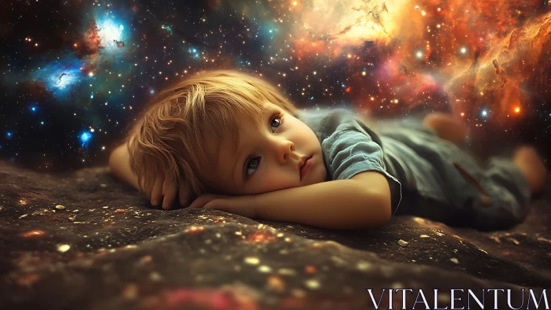 Dreamy child resting beneath a glowing cosmic sky.
