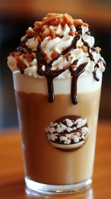 Iced caramel frappe crowned with whipped cream and drizzle.