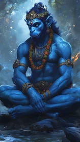 Blue simian deity rests in serene forest meditation.