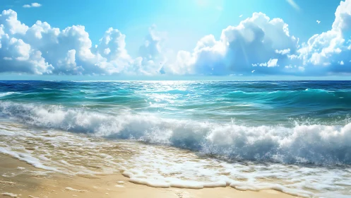Sunlit ocean waves roll gently onto a calm sandy shore
