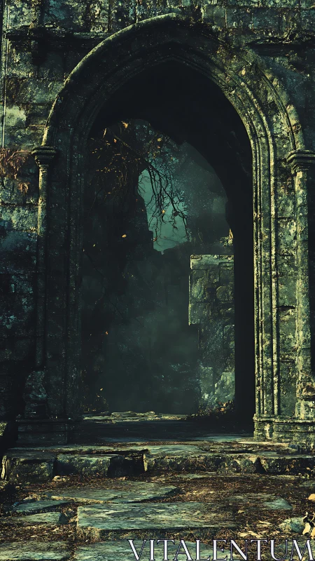 Stone archway frames overgrown passage into shadowed space
