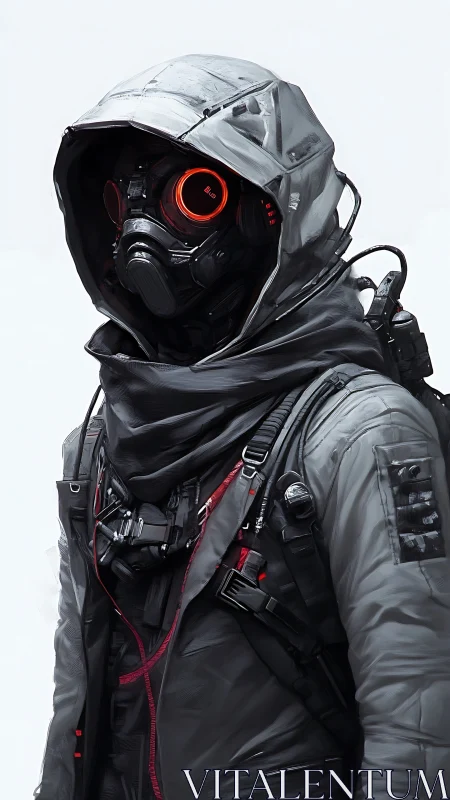 Hooded cyber operative stands ready in stark white void