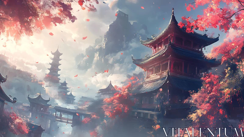 Ancient mountain temples glow amid drifting cherry blossoms.