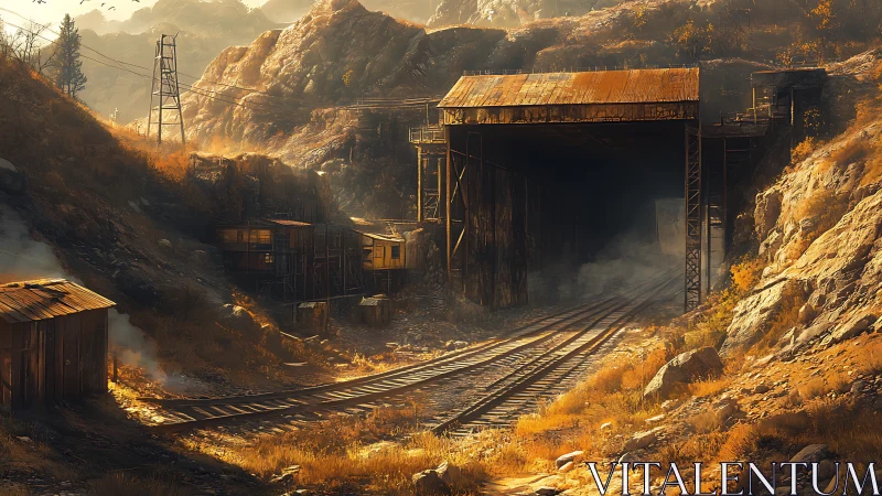 Rust-gold rail tunnel breathes mist into a forsaken canyon.