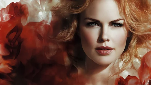 Digital portrait of red-haired woman in swirling crimson petals.