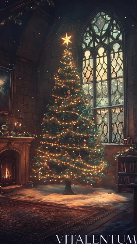 Gothic hall Christmas tree with warm cinematic lighting.