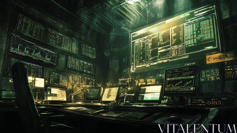 Cybernetic trading command center with illuminated data walls.