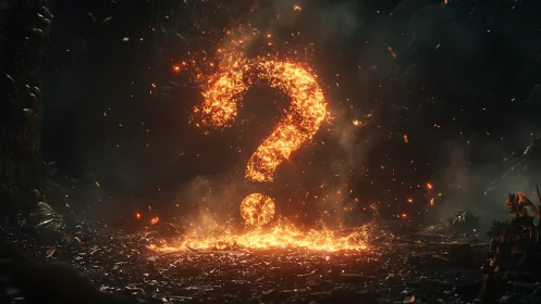Fiery Question Mark: Explosive 3D Rendering with Dynamic Particle Effects.