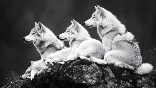 Wolves lie on rocky outcrop facing same direction in profile