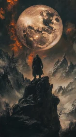 Solitary cloaked warrior observes oversized cratered moon in storm