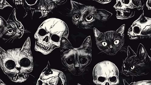 Spooky Cats and Skulls in Moody Black and White Art.