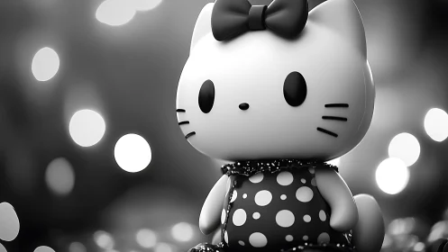 Monochrome 3D cat figurine stands against blurred bokeh background