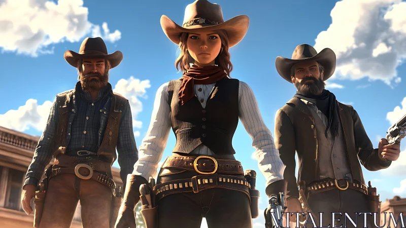 Cowgirl-led gunslingers in stylized cinematic frontier standoff.