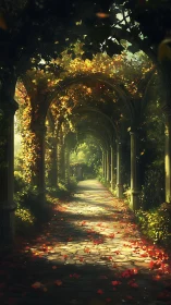 Sunlit ivy arcade over a leaf strewn stone garden path.