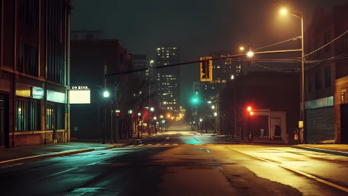 Cinematic urban nightscape with wet street light geometry.