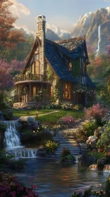 Fairytale stone cottage glows beside cascading forest stream.