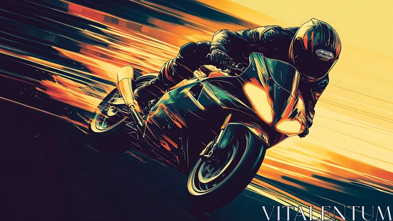 High-speed sport motorcycle leans into a turn in stylized neon vectors