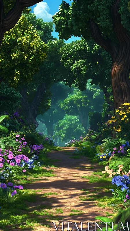 Enchanted Forest Path With Vibrant Blooms.